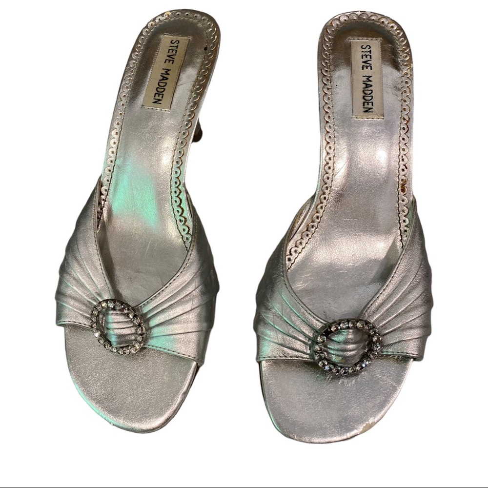 STEVE MADDEN Women's size 7M Leather Diamond Slip-On SILVER Open Toe Heels CATE